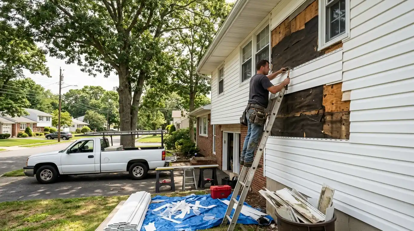Siding repair on a split-level house in East Dover, Toms River