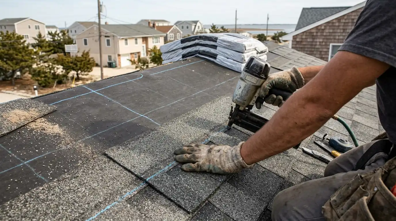 Roofer nailing an architectural shingle along a chalk line