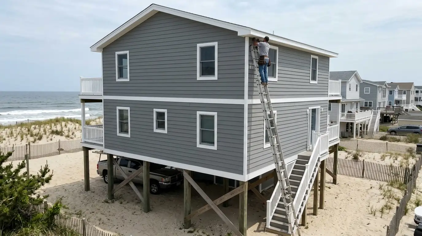 Raised Ortley Beach home on pilings with new siding and roof work