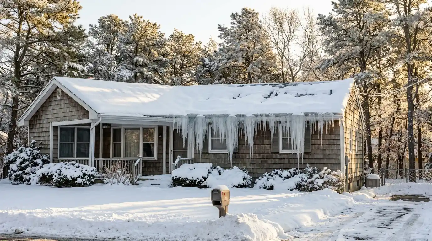 Ice dam and icicles along the roof edge of a snowy ranch home