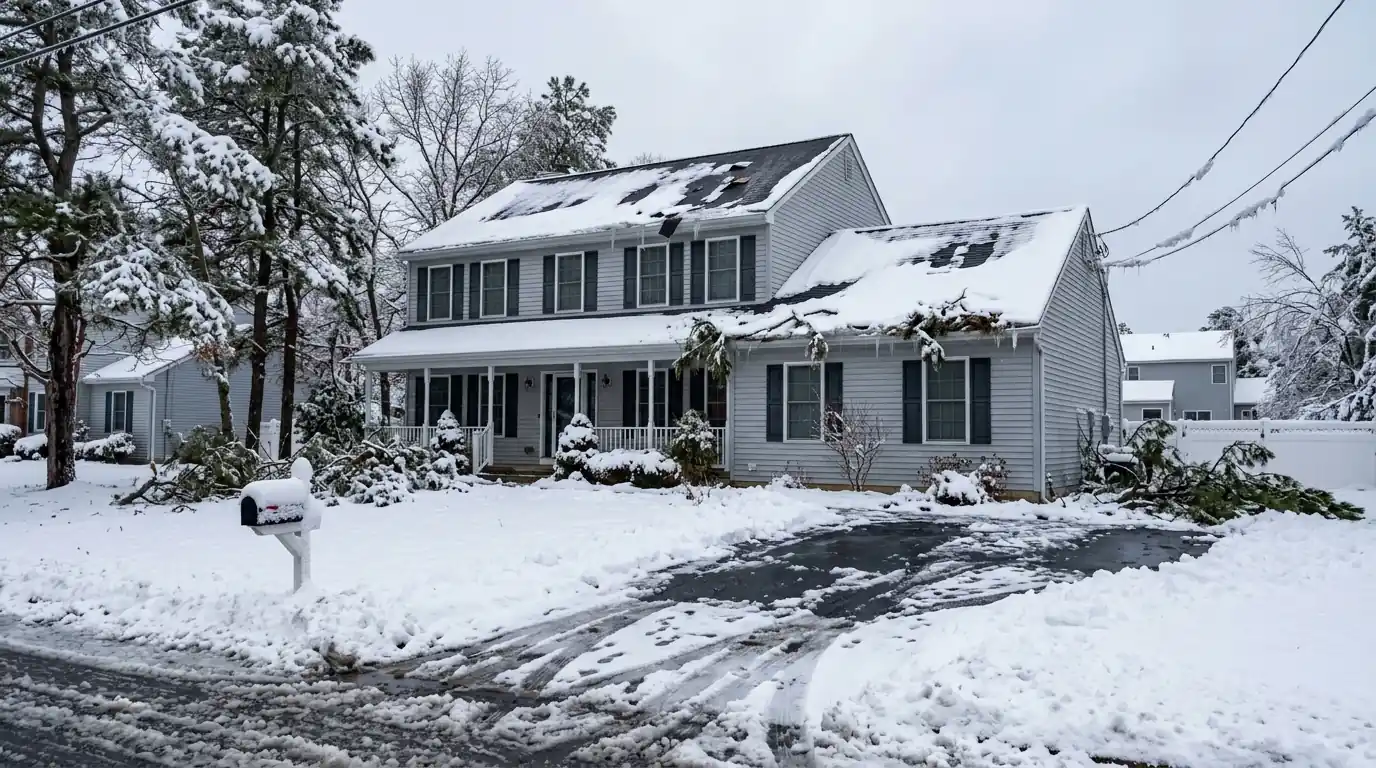 Colonial roof with missing shingles and pine branches after a nor'easter