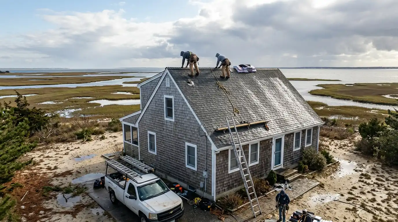 Roofers resetting ridge caps on a Bayville cape near the bay