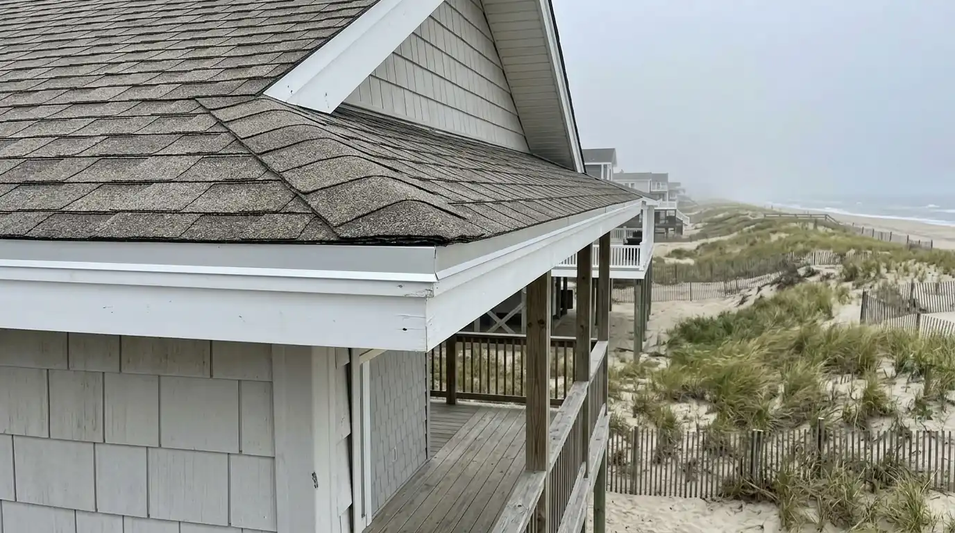 Shingle roof edge and drip edge on a raised house near the ocean