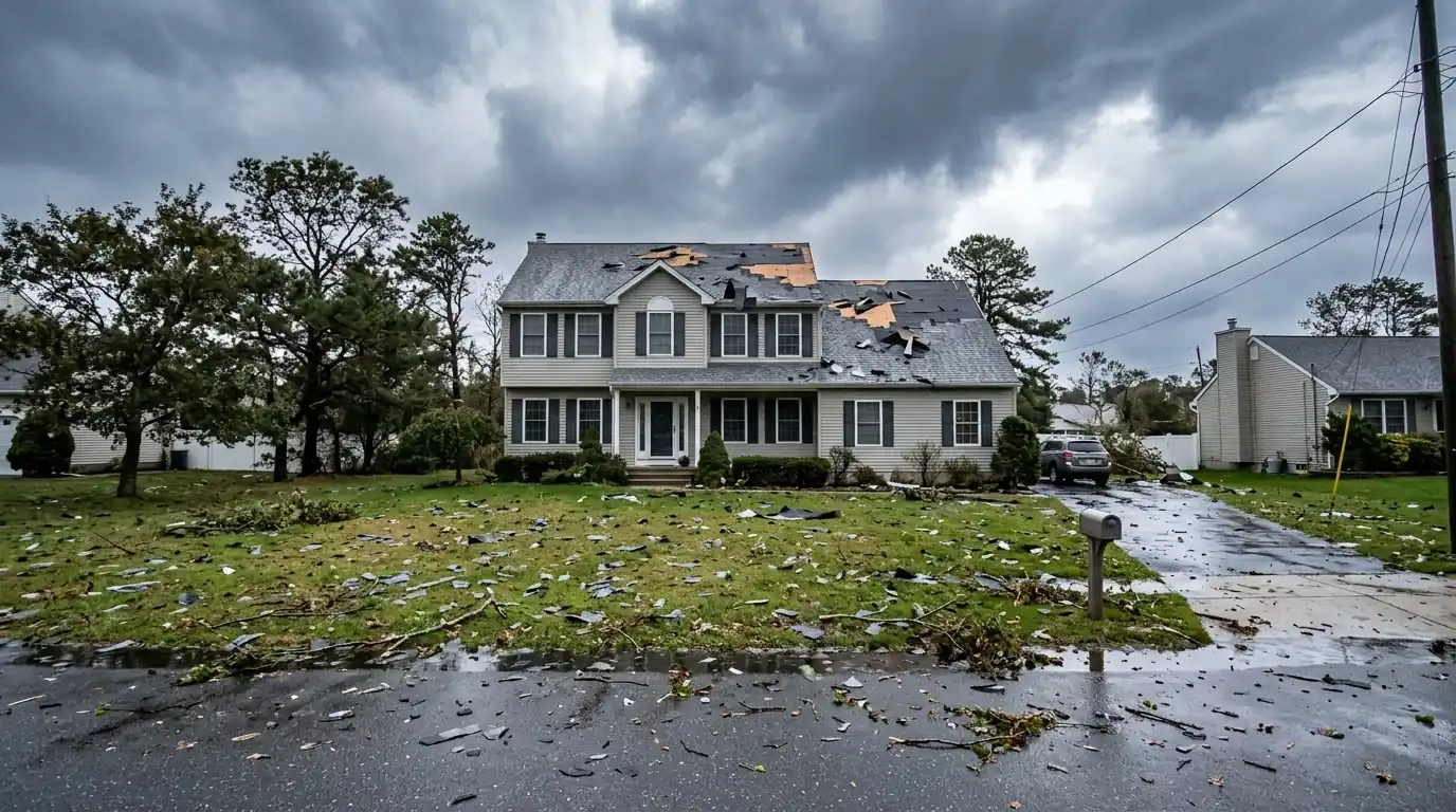 Wind damaged shingle roof on a Toms River colonial after a storm