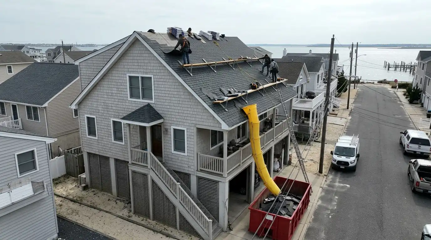 Roof replacement underway on a raised house in Lavallette