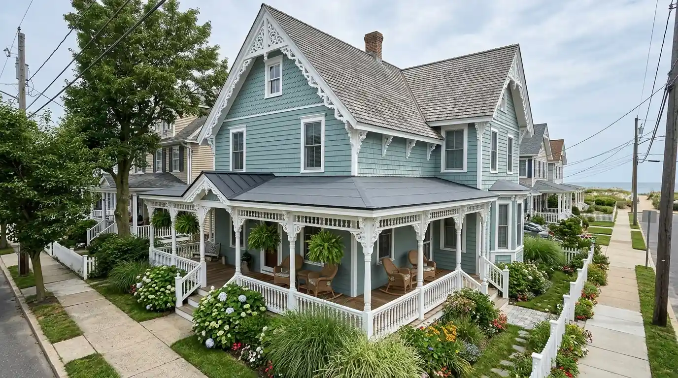 Victorian cottage with a repaired porch roof in Ocean Grove, Neptune