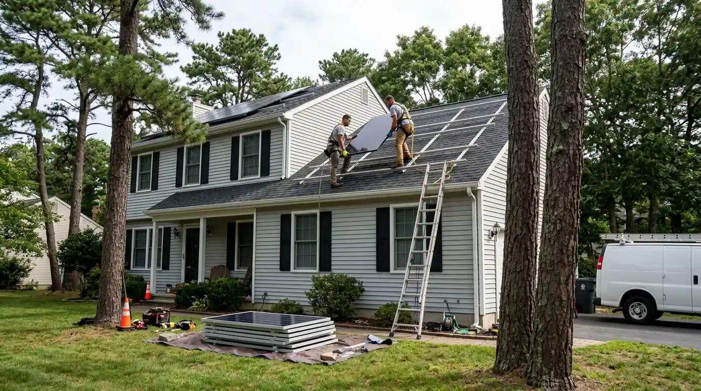 Roofers removing a solar panel from a colonial home roof