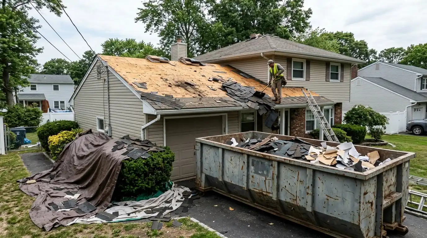 Tear-off in progress on a Toms River split-level