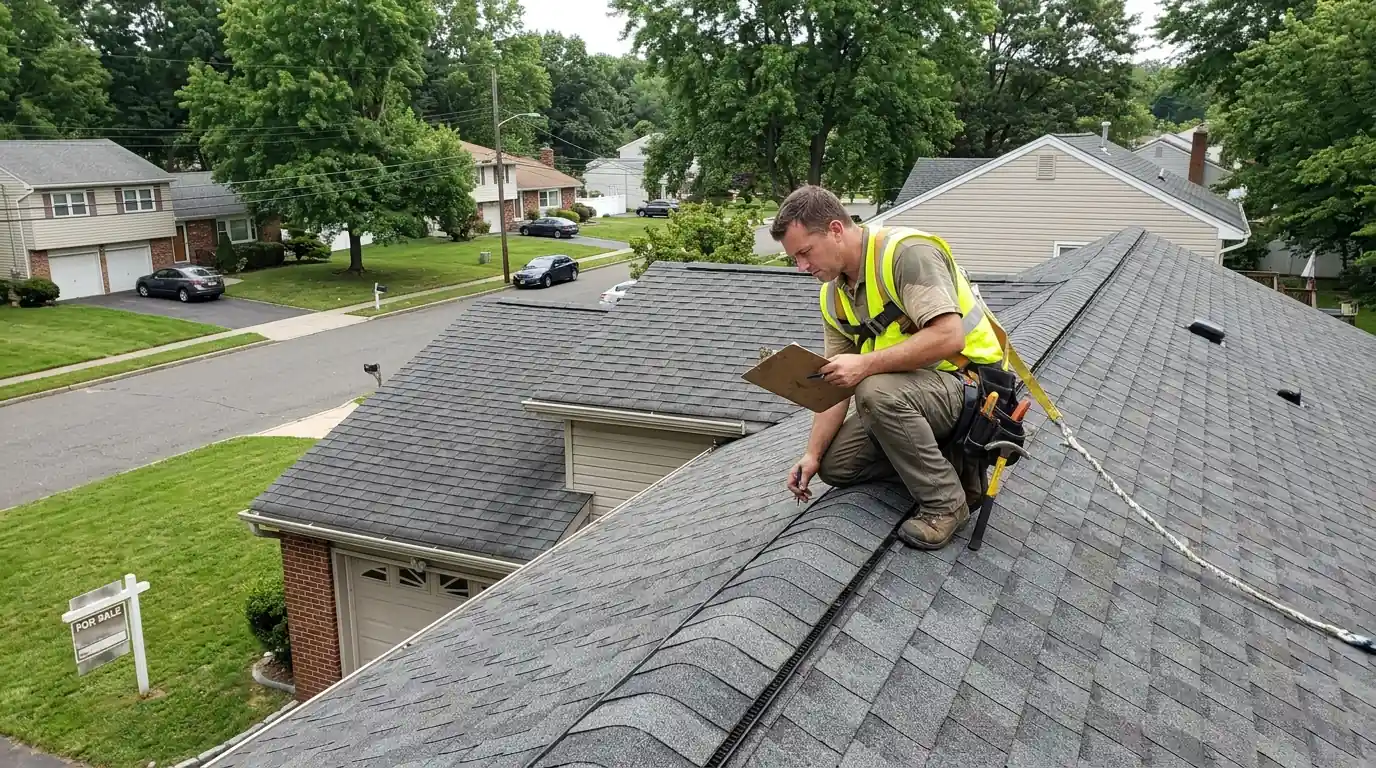 Roofer checking shingles on a split-level home before a sale