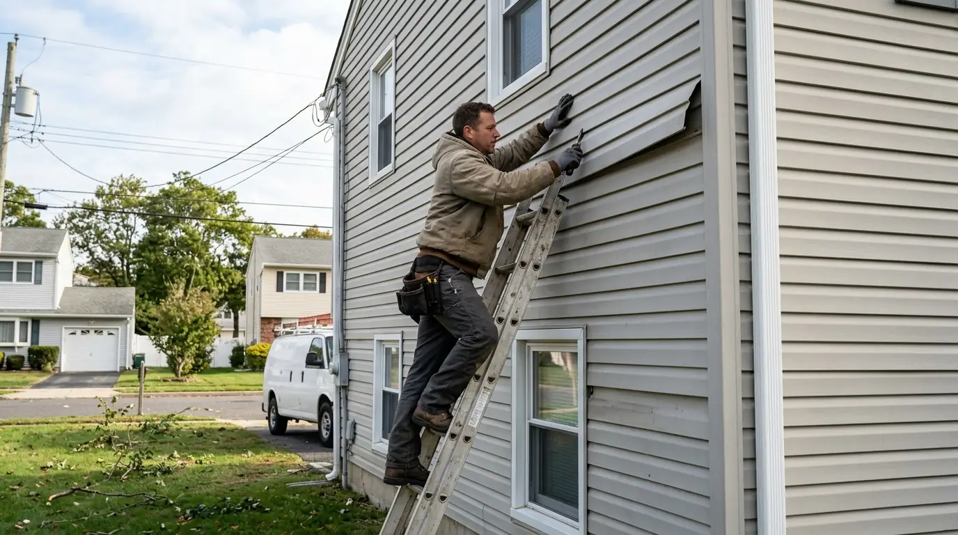 Crew member refastening a loose vinyl siding panel after a windy night