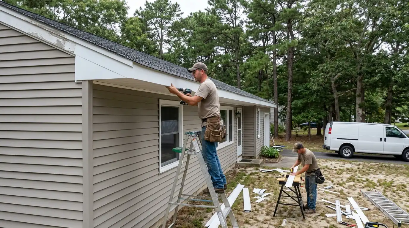Roofers installing vented soffit and fascia capping on a ranch eave