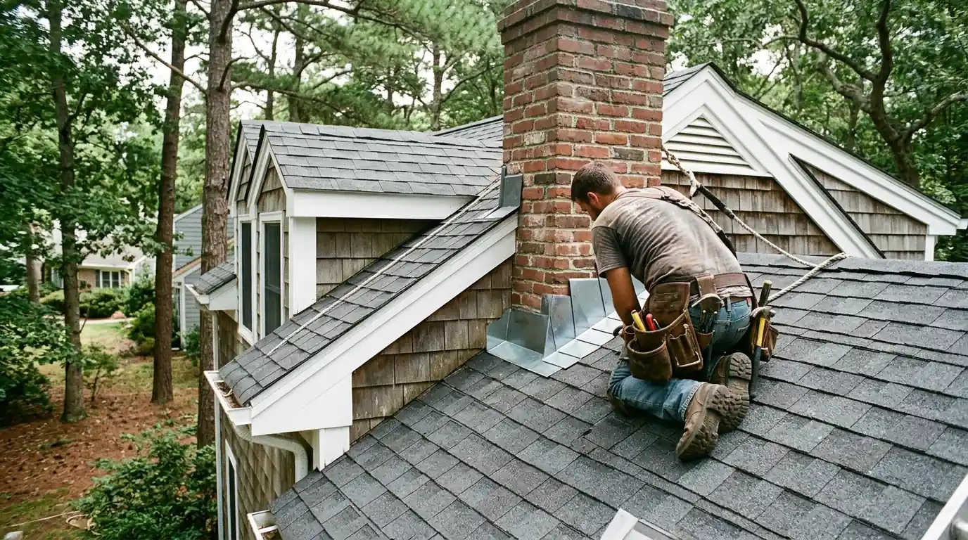 Roofer repairing chimney flashing on a Pine Beach colonial