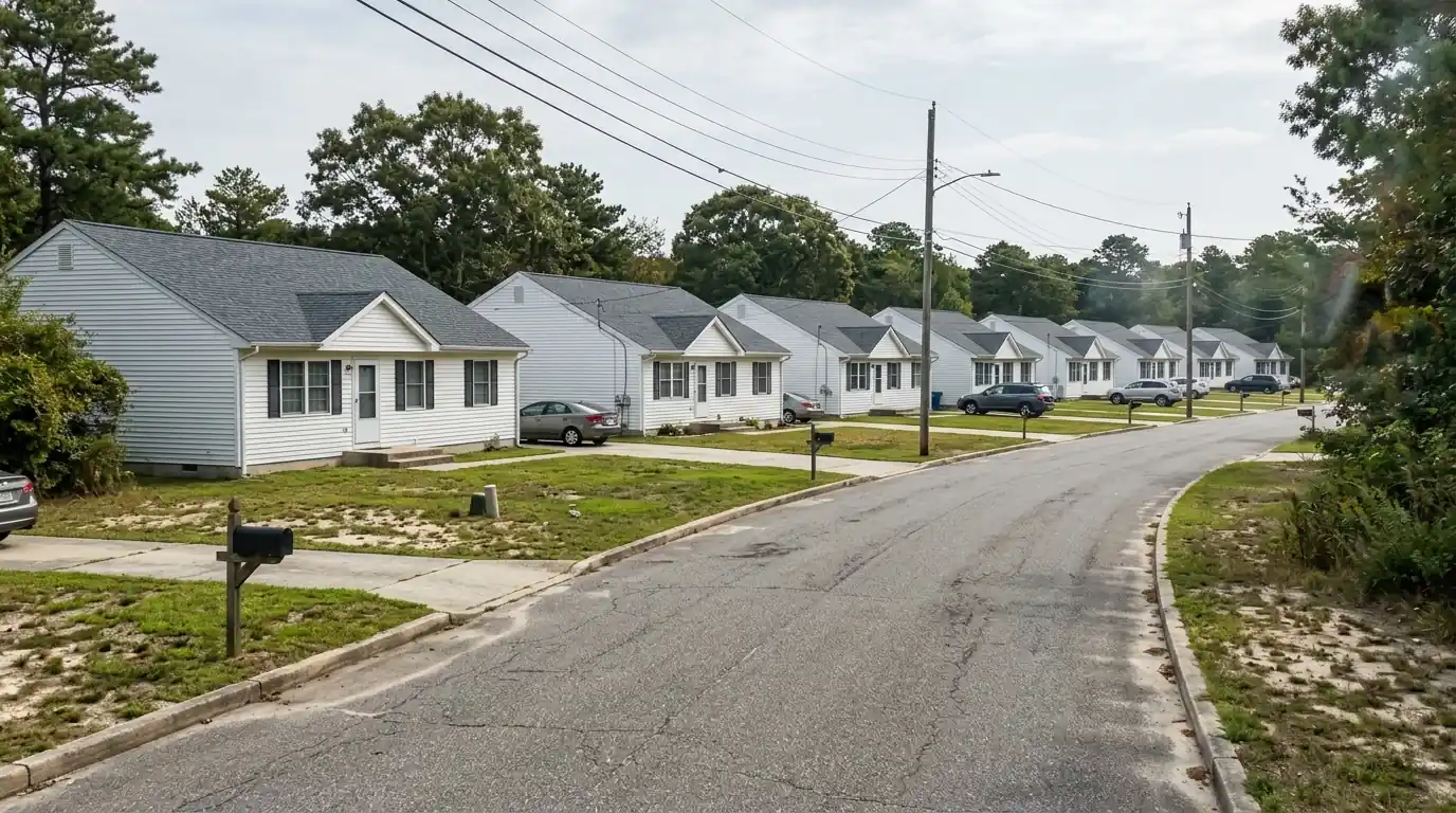 Single-story ranch homes with identical new roofs on a quiet street