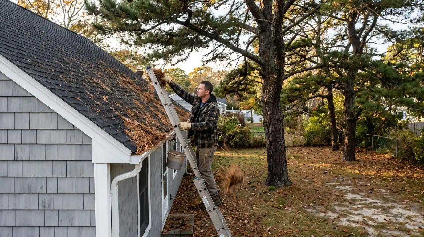 Roofer clearing pine needles from a gutter on a Toms River cape