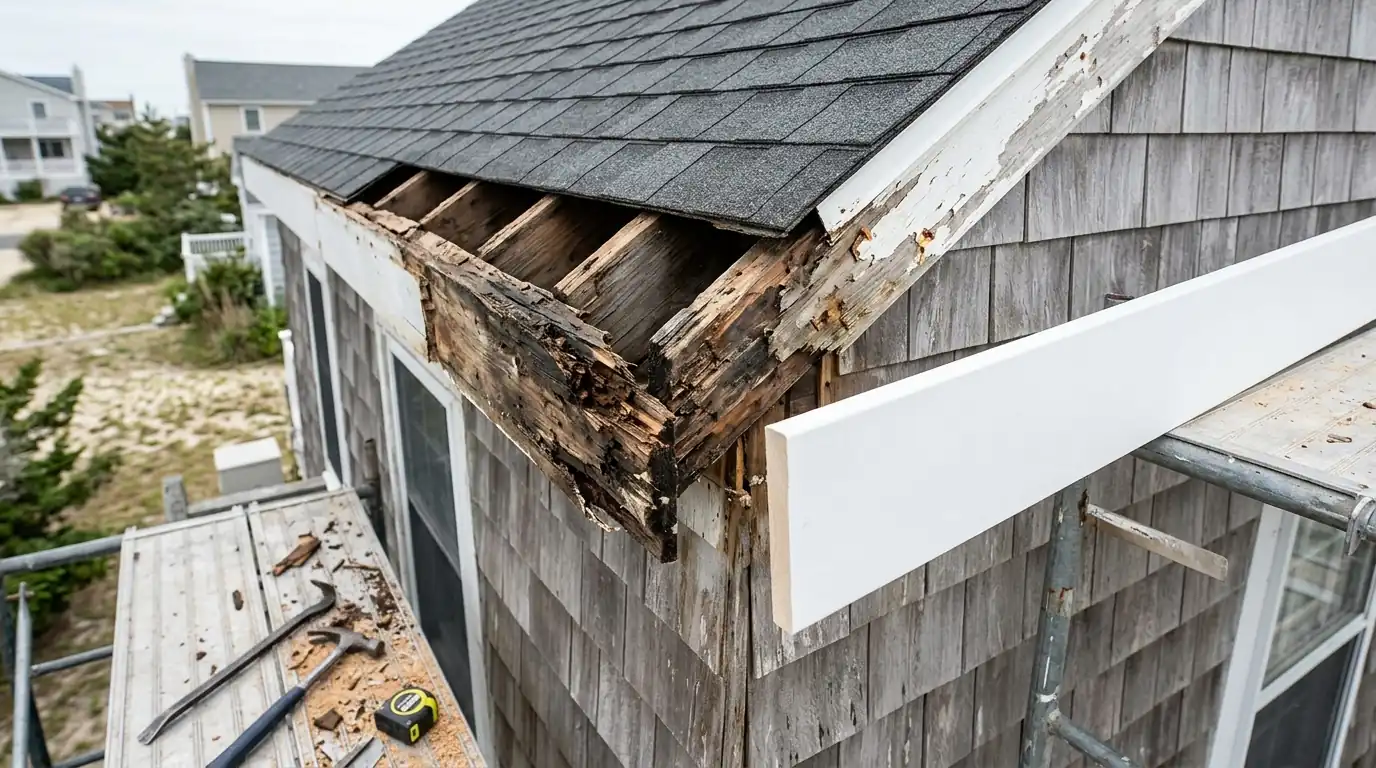 Rotted fascia board being replaced with new primed lumber