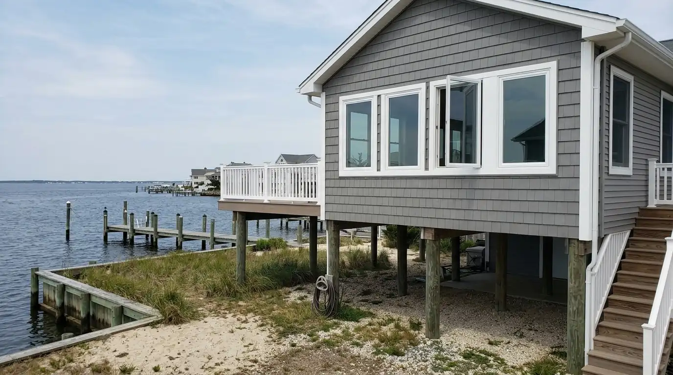 New vinyl casement windows on an elevated Jersey Shore home