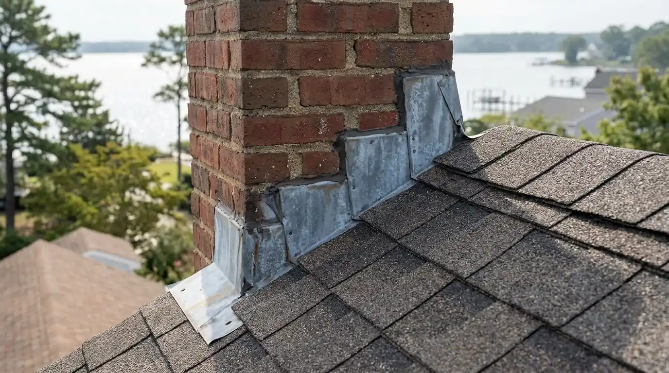 Chimney step and counter flashing on a Toms River roof